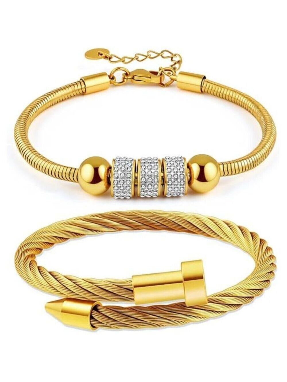 18K Gold Plated Nail Bracelet Set, Adjustable Stackable Bangles for Women 2 Pcs.